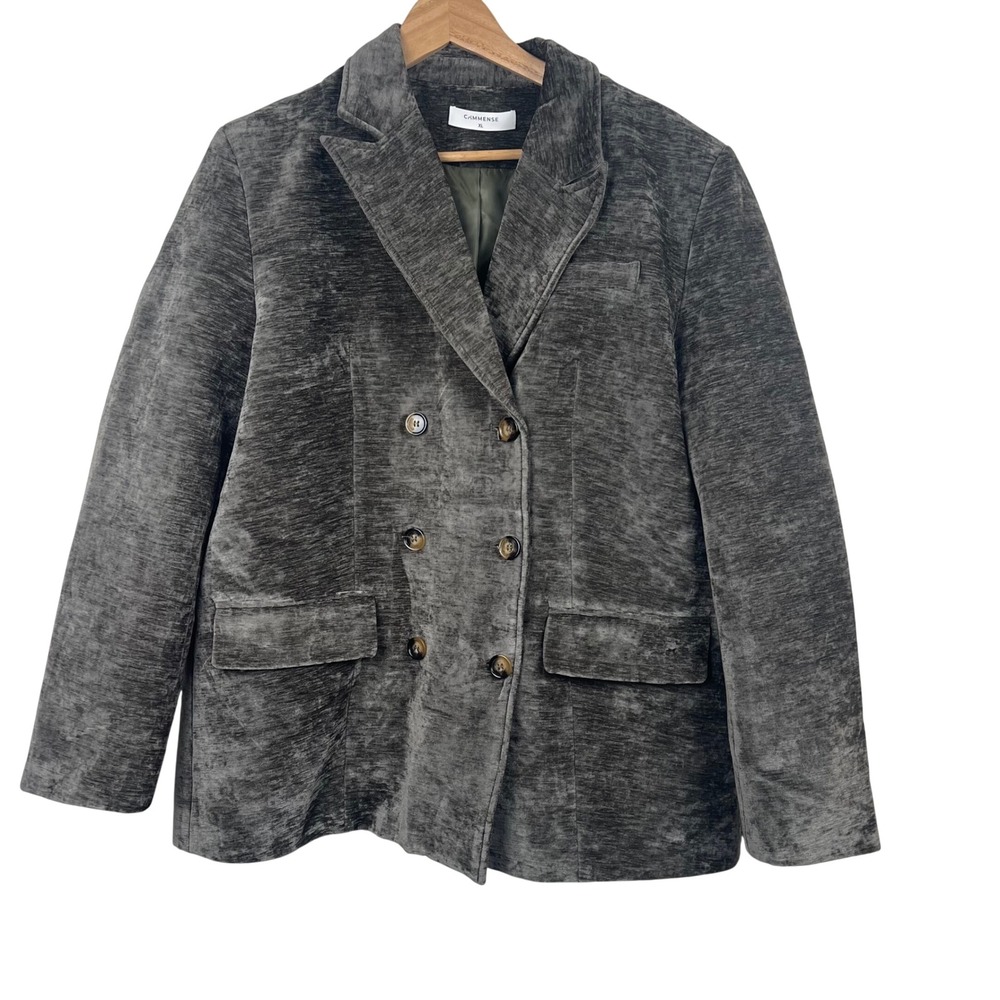 Commense Womens XL Double Breasted Crushed Velvet Blazer Olive Grey Academia